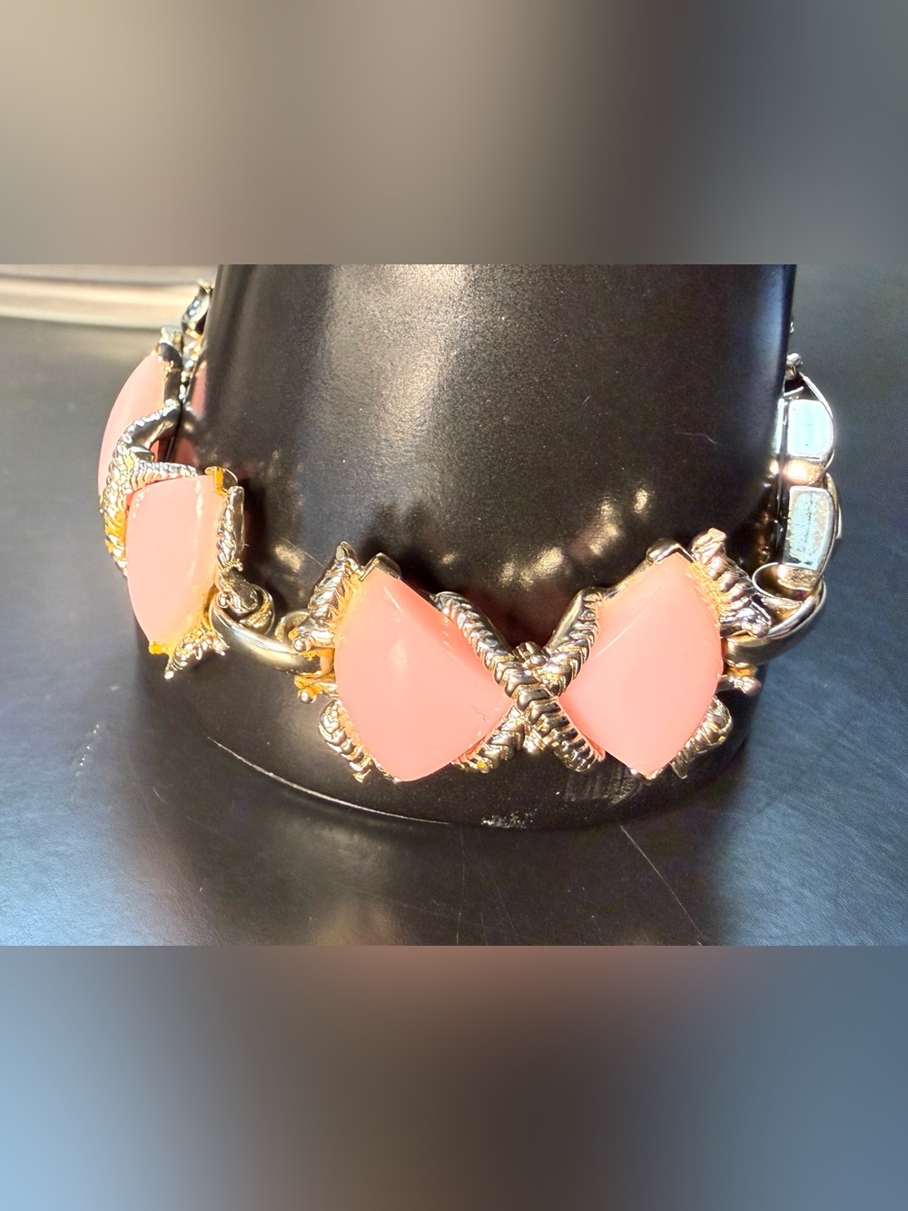 Rare Vintage 1940s/1950s Signed Bogoff Pink “Moonglow” Lucite Bracelet